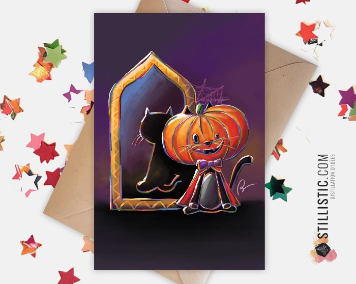 Carte de voeux papier 350g avec Illustration Originale Chat citrouille d'Halloween pour Anniversaire