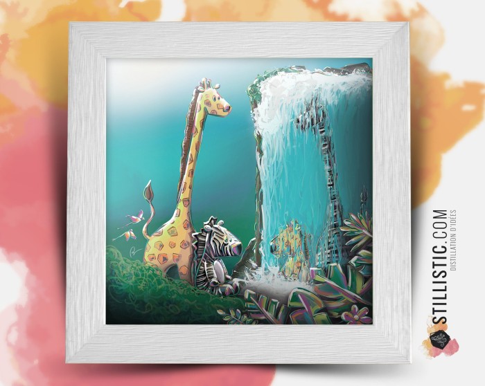 Cadre carré avec Illustration Girafe et Zèbre Jungle pour Chambre Enfant bébé 25x25cm