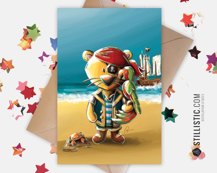 Carte de voeux papier 350g avec Illustration Originale Lion pirate et perroquet pour Amitié Anniversaire