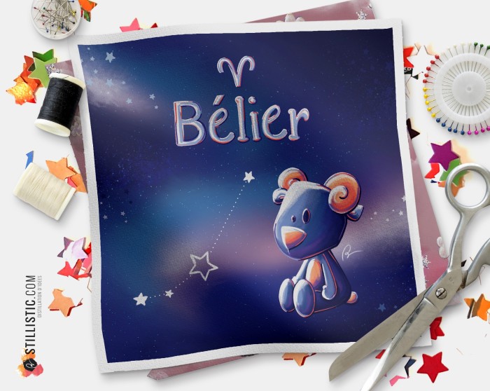 Coupon tissu illustré Astrologie Bélier coton ou minky