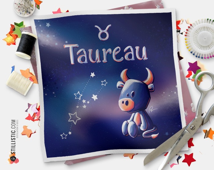 Coupon tissu illustré Astrologie Taureau coton ou minky