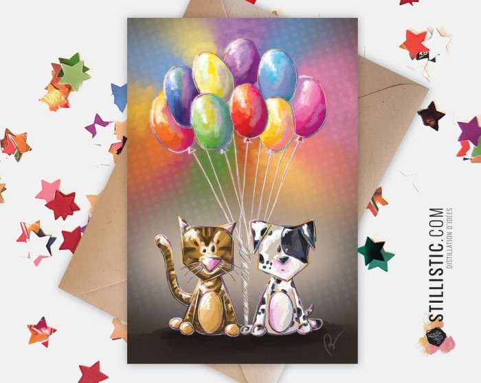 Carte de voeux papier 350g avec Illustration Originale Chiot et Chaton Ballons pour Fête des mères Amitié Anniversaire