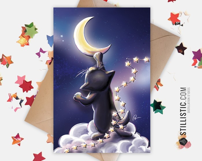 Carte de voeux Illustration Chat lune et étoiles