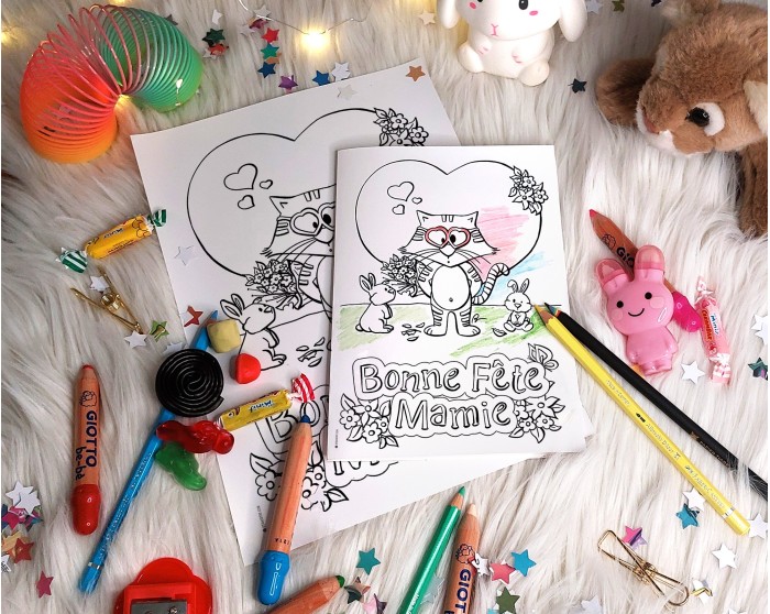Carte chaton, lapin et fleurs à imprimer et colorier pour enfants avec illustrations animaux