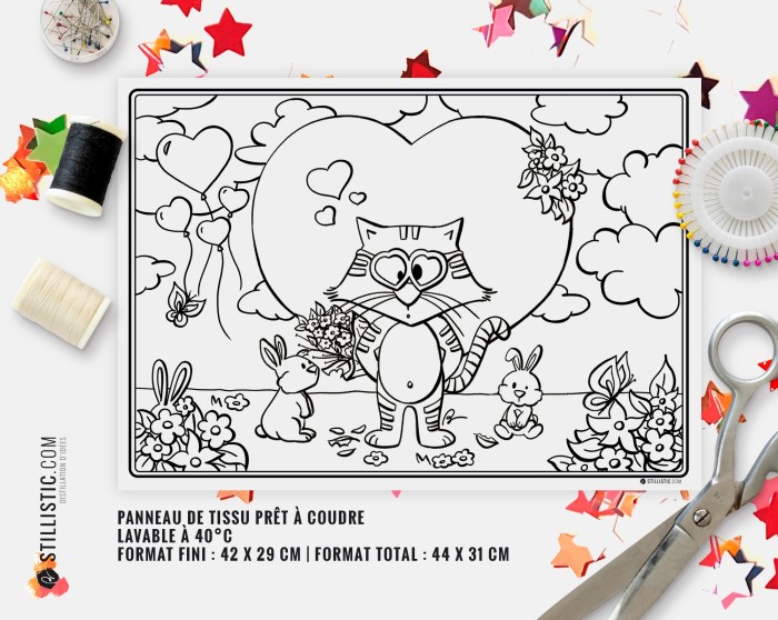 Coupon tissu Set de table Scène chat et lapins coloriable