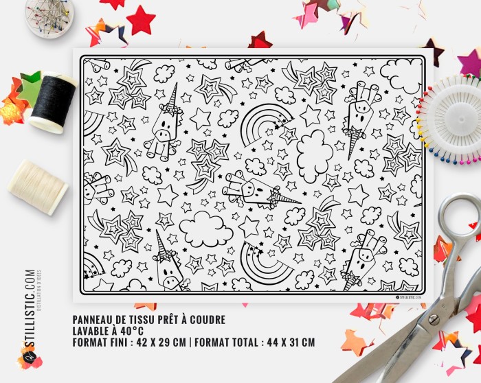 Coupon tissu Set de table Motif Licorne coloriable