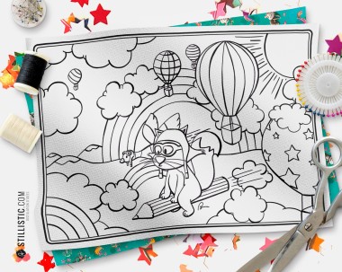 Coupon tissu Set de table Scène Renard et crayons coloriable