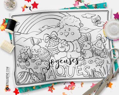 Coupon tissu Set de table Scène Agneau Pâques coloriable