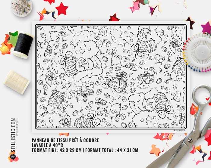 Coupon tissu Set de table Motif Agneau Pâques coloriable