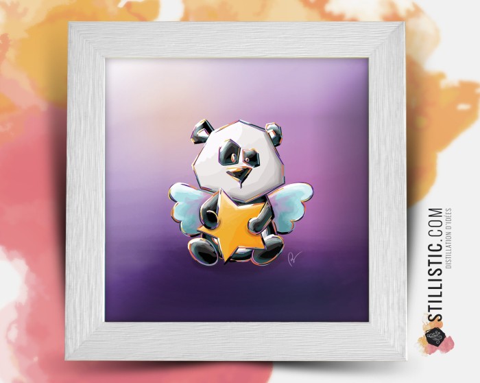 Cadre carré avec Illustration Bébé Ange Panda et étoiles pour Chambre Enfant bébé 25x25cm
