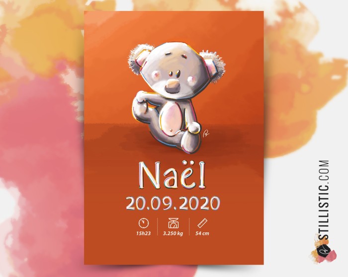 Poster de naissance Bébé Koala personnalisé