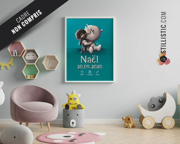 Poster de naissance Bébé Rhinocéros personnalisé