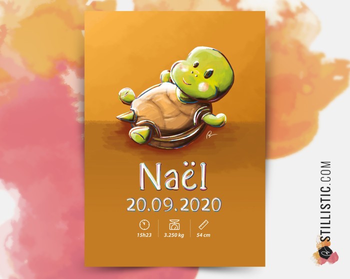 Poster de naissance Bébé Tortue personnalisé