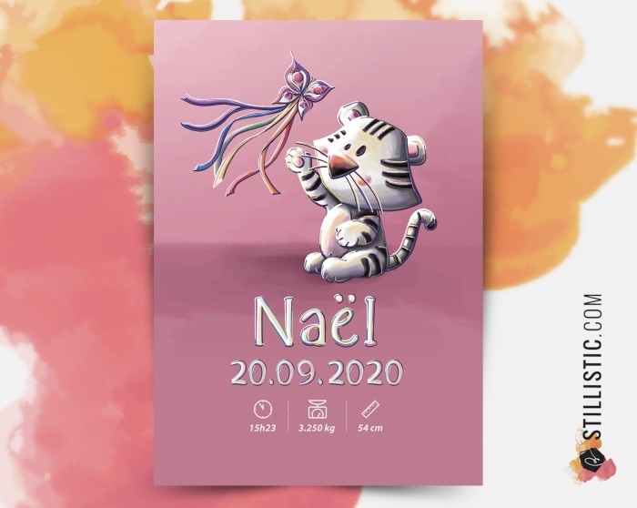 Poster de naissance Tigre Blanc personnalisé