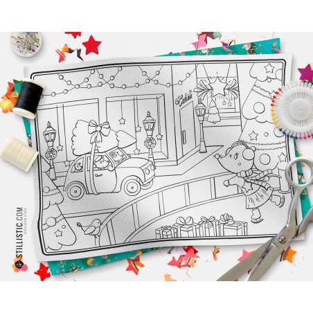 Coupon tissu Set de table Motif Noël souris coloriable