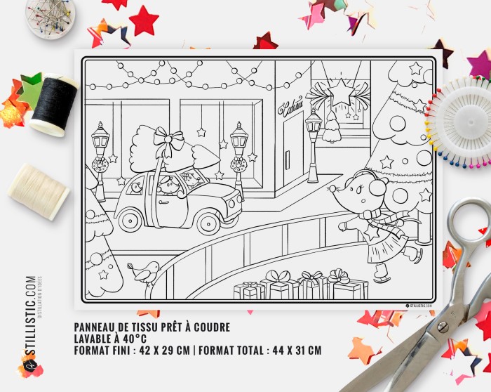 Coupon tissu Set de table Motif Noël souris coloriable