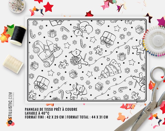 Coupon tissu Set de table Motif Noël souris coloriable