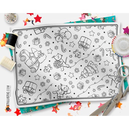 Coupon tissu Set de table Motif Noël souris coloriable