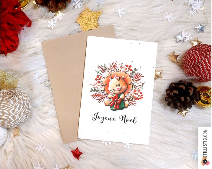 Carte de voeux Noël à planter Illustration Lion + enveloppe