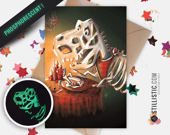 Carte de voeux papier 350g avec Illustration Originale Phosphorescente Squelette T-Rex Halloween pour Anniversaire