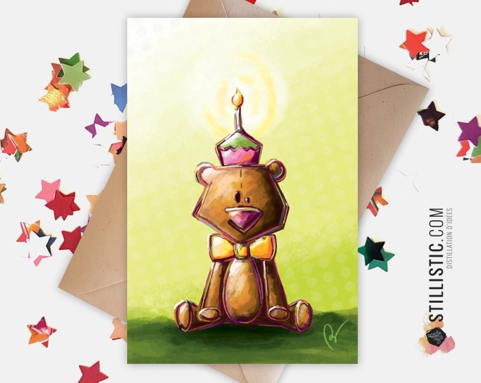 Carte de voeux papier 350g avec Illustration Originale Ours cupcake bougie pour Anniversaire