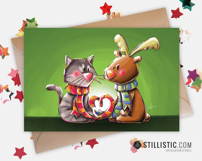 Carte de voeux papier 350g avec Illustration Originale Chaton et Renne amoureux pour Noël Saint-Valentin