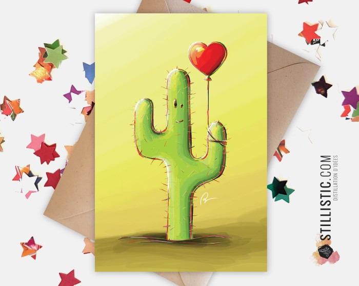 Carte de voeux papier 350g avec Illustration Originale Cactus et son ballon pour Amitié Saint-Valentin Anniversaire