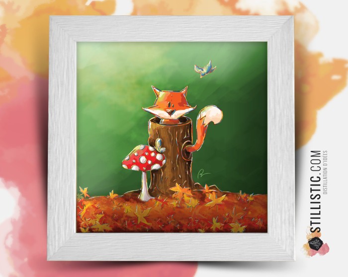 Cadre carré avec Illustration Petit renard dans la forêt pour Chambre Enfant bébé 25x25cm
