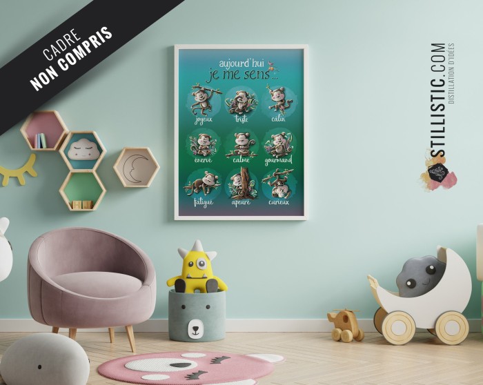 Poster / Affiche éducative Emotions avec illustration singes jungle personnalisable pour Chambre Enfant bébé ou école