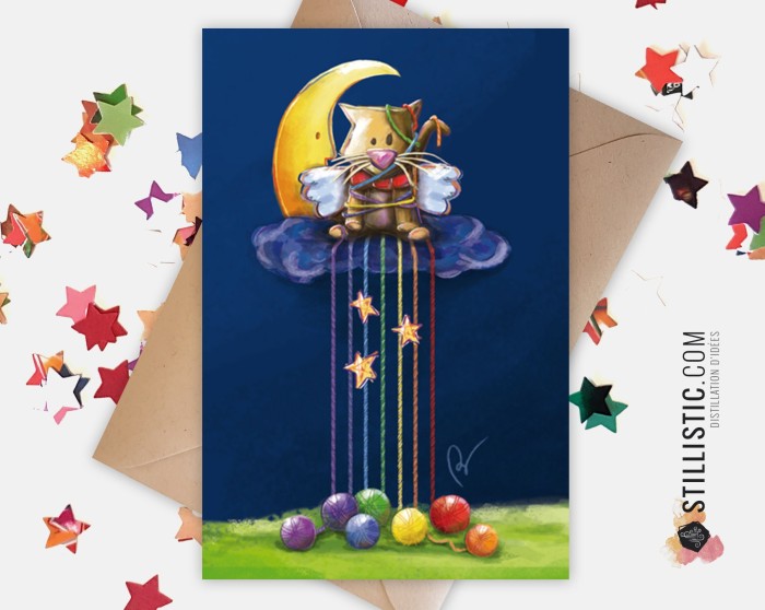Carte de voeux Illustration Chat Lune et pelotes arc-en-ciel
