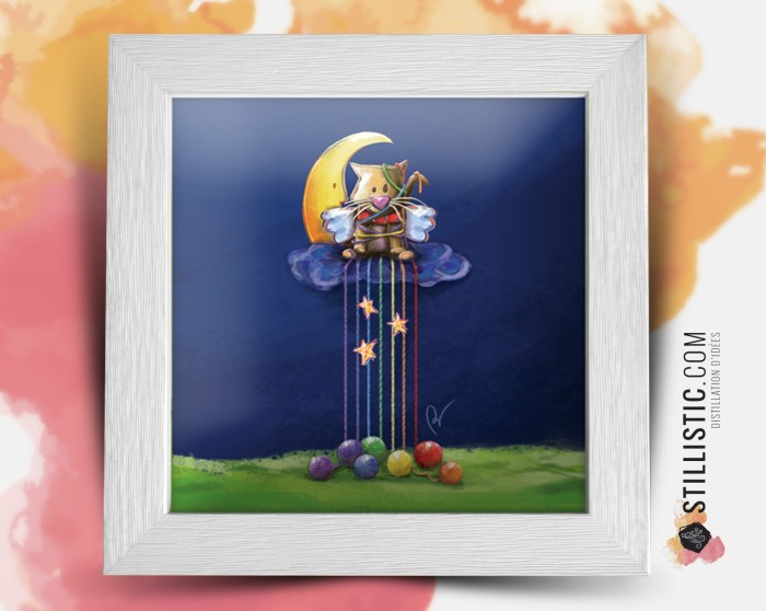 Cadre carré avec Illustration  Chaton, lune et pelotes arc-en-ciel pour Chambre Enfant bébé 25x25cm