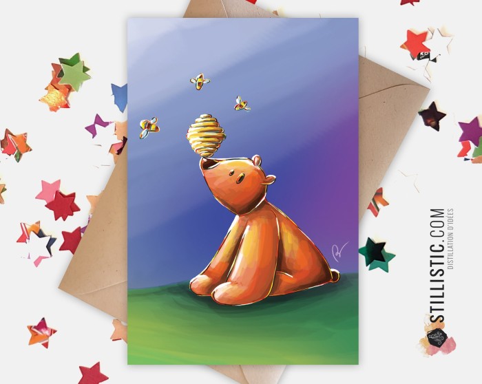 Carte de voeux papier 350g avec Illustration Originale Ourson et abeilles pour Amitié Anniversaire Naissance